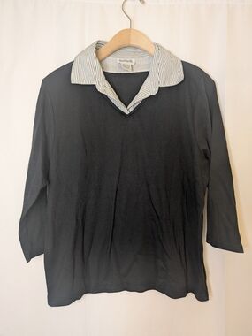 Vintage Black Women's V-Neck Top with Striped Collar